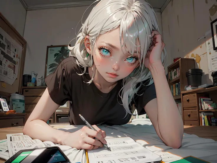 ((1girl,solo))absurdres, highres, ultra detailed, (1girl:1.3), (disheveled hair,beautiful detailed eyes,shiny oily skin:1.1),(green eyes)
study room
Quiet music is playing in a dark room
various writing tools and electronic devices
Wearing shorts and a t-shirt
The girl is lying in bed and sleeping