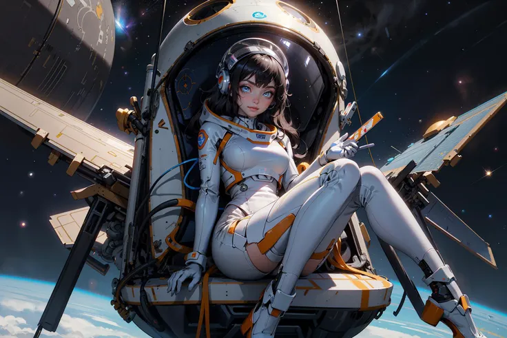 ((1girl,solo))absurdres, highres, ultra detailed, (1girl:1.3), (disheveled hair,beautiful detailed eyes,shiny oily skin:1.1),
smile or open mouse,
sitting in the cockpit of a spacecraft
many stars and numerous spacecraft moving around
giant stars, the sun, and the moon
spacecraft
astronaut
Robots and artificial intelligence devices
space helmet
comet
tangle of wires