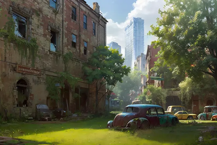 fantasyArt,hyperrealism,Concept art, apocalyptic wasteland, hand-drawn drawing, thick paint, hand-painted texture, low saturation, ground vehicle, scenery, no humans, grass, motor vehicle, car, outdoors, window, overgrown, broken window, building, ruins, plant, day, tree<lora:Doomsday wasteland:0.8>,(volume fog:0.5), <lora:bichu-v0612 :0.6>,