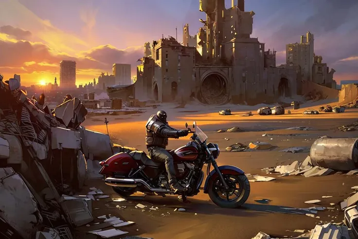 fantasyArt,hyperrealism,Concept art, apocalyptic wasteland, hand-drawn drawing, thick paint, hand-painted texture, low saturation, science fiction, scenery, sky, city, building, cloud, ground vehicle, motor vehicle, solo, outdoors, 1boy, cityscape, motorcycle, ruins, sitting, sunset<lora:Doomsday wasteland:0.8>, <lora:bichu-v0612 :0.6>,