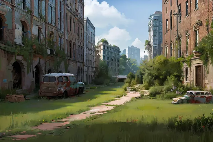 fantasyArt,hyperrealism,Concept art, apocalyptic wasteland, hand-drawn drawing, thick paint, hand-painted texture, low saturation, ground vehicle, scenery, no humans, grass, motor vehicle, car, outdoors, window, overgrown, broken window, building, ruins, plant, day, tree<lora:Doomsday wasteland:0.8>,(volume fog:0.5), <lora:bichu-v0612 :0.6>,