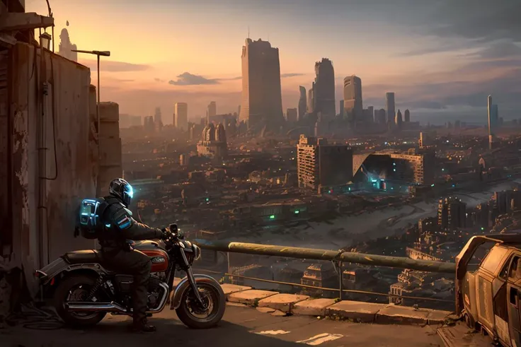 fantasyArt,hyperrealism,Concept art, apocalyptic wasteland, hand-drawn drawing, thick paint, hand-painted texture, low saturation, science fiction, scenery, sky, city, building, cloud, ground vehicle, motor vehicle, solo, outdoors, 1boy, cityscape, motorcycle, ruins, sitting, sunset<lora:Doomsday wasteland:0.8>