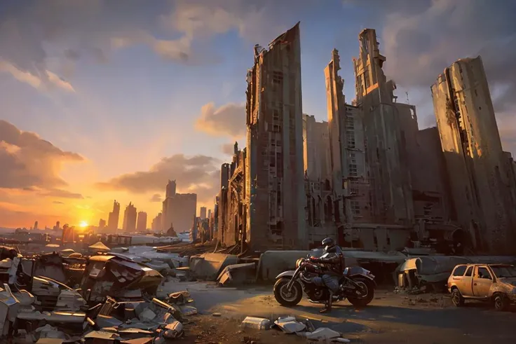 fantasyArt,hyperrealism,Concept art, apocalyptic wasteland, hand-drawn drawing, thick paint, hand-painted texture, low saturation, science fiction, scenery, sky, city, building, cloud, ground vehicle, motor vehicle, solo, outdoors, 1boy, cityscape, motorcycle, ruins, sitting, sunset<lora:Doomsday wasteland:0.8>, <lora:bichu-v0612 :0.6>,