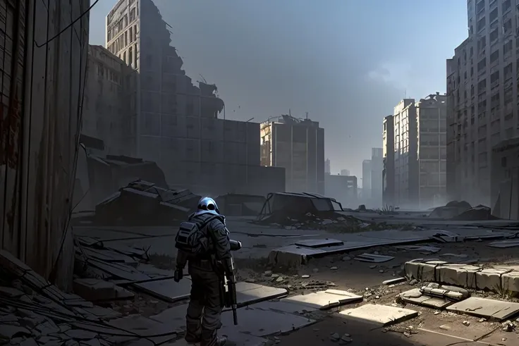Concept art, apocalyptic wasteland, hand-drawn drawing, thick paint, hand-painted texture, low saturation, ruins, gun, weapon, scenery, science fiction, 1boy, outdoors, rifle, post-apocalypse, helmet, solo, <lora:Doomsday wasteland:0.85>