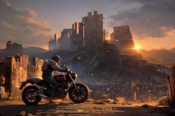 fantasyArt,hyperrealism,Concept art, apocalyptic wasteland, hand-drawn drawing, thick paint, hand-painted texture, low saturation, science fiction, scenery, sky, city, building, cloud, ground vehicle, motor vehicle, solo, outdoors, 1boy, cityscape, motorcycle, ruins, sitting, sunset<lora:Doomsday wasteland:0.8>, <lora:bichu-v0612 :0.6>,