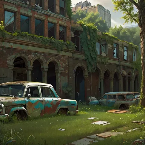 fantasyArt,hyperrealism, apocalyptic wasteland, hand-drawn drawing, thick paint, hand-painted texture, low saturation, ground vehicle, scenery, no humans, grass, motor vehicle, car, outdoors, window, overgrown, broken window, building, ruins, plant, day, tree<lora:Doomsday wasteland:0.8>,(volume fog:0.5),