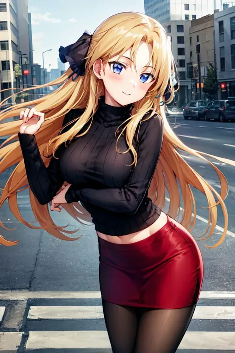 masterpiece, best quality, absurdres, perfect anatomy, 1girl, solo, Erica Blandelli, long hair, hair ribbon, ribbed sweater, black sweater, long sleeves, pencil skirt, plaid skirt, pantyhose, midriff:0.6, toned, standing, smile, outdoors, sidewalk, city, <lora:EricaBlandelli-08:1.0>