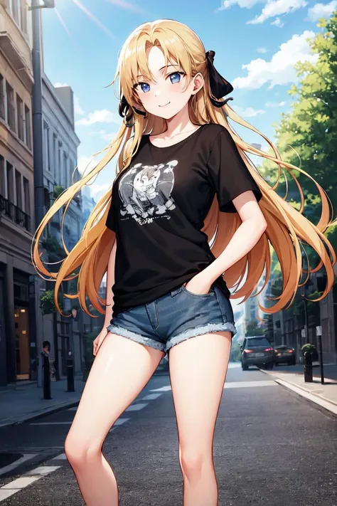 masterpiece, best quality, absurdres, perfect anatomy, 1girl, solo, Erica Blandelli, long hair, hair ribbon, graphic tee, denim shorts, standing, outdoors, city, hands in pockets, smile, <lora:EricaBlandelli-08:0.8>