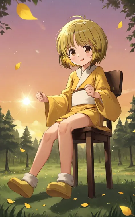 nyan2, 1girl, kid, solo, <lora:sdxl-myk-nyan2:0.8>, brown eyes, multicolored hair, yellow hair, short hair, long sidelocks +++ yellow kimono, white obi, yellow shoes, gourd on back +++ smirk, tongue, :P, dancing petals, forest, floating hair, florting leaves blooma, , , +++ Sitting, simple chair ,hip view, looking ahead, Wormfs Eye View, contrapposto, dynamic pose, cinematic lighting, Jubilant, daytime, warm light sunset, rays light, sparkles, lens flare, deep shadows, depth of field, peerless, sentimental