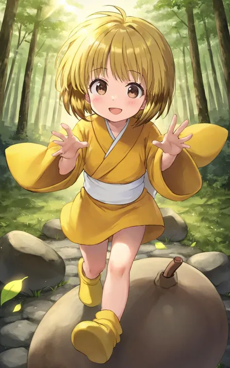 nyan2, 1girl, kid, solo, <lora:sdxl-myk-nyan2:0.8>, brown eyes, multicolored hair, yellow hair, short hair, long sidelocks +++ yellow kimono, white obi, yellow shoes, gourd on back +++ whiskers, half opened mouth, wave spray on rocks, forest, floating hair, florting leaves blooma, , , +++ closed eyes smile incoming kiss POV ,on back, looking to the side, , contrapposto, dynamic pose, cinematic lighting, :>, daytime, strong light, glare, coming in light, rays light, sparkles, lens flare, caustics, golden hour