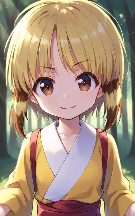 nyan2, 1girl, solo, <lora:sdxl-myk-nyan2-pony:0.9>, brown eyes, multicolored hair, yellow hair, short hair, long sideburns +++ yellow kimono, white obi, gourd on back +++  Sitting, yokozuwari ,POV, looking at viewer, upper body, contrapposto, dynamic pose, cinematic lighting, wavy mouth, smile, daytime, strong light, glare, coming in light, rays light, sparkles, lens flare, caustics, golden hour, leaf dance, forest, , , floating hair, florting leaves blooma