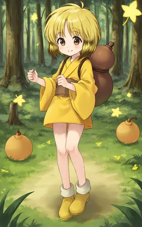 nyan2, 1girl*****, solo, <lora:sdxl-myk-nyan2:0.8>, brown eyes, multicolored hair, yellow hair, short hair, long sidelocks +++ yellow kimono, beige obi, yellow shoes, gourd on back +++ smile, (troubled eyebrows:0.6), falling star moment, forest, floating hair, florting leaves blooma, ,