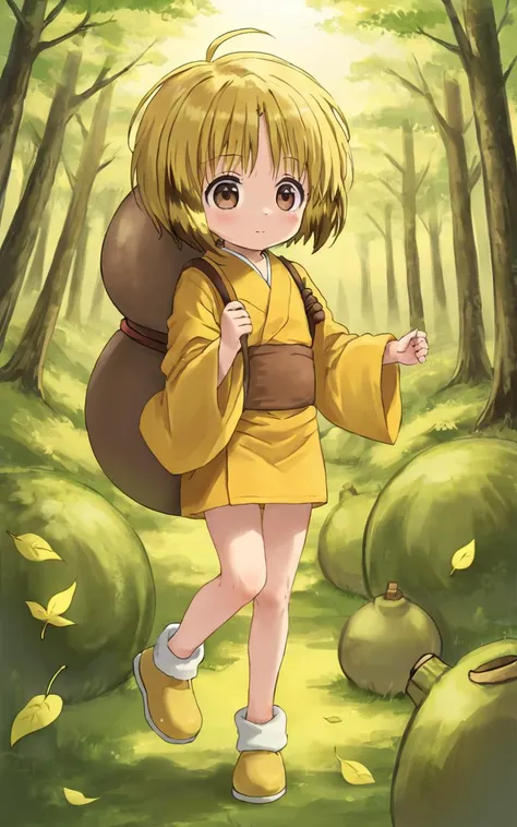 nyan2, 1girl, kid, solo, <lora:sdxl-myk-nyan2:0.8>, brown eyes, multicolored hair, yellow hair, short hair, long sidelocks +++ yellow kimono, beige obi, yellow shoes, gourd on back +++ Jubilant, sunlit mountain, forest, floating hair, florting leaves blooma, ,