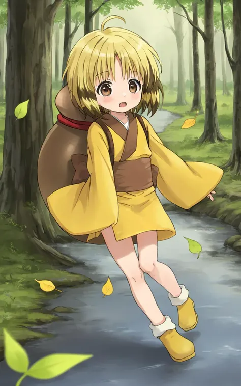 nyan2, 1girl, kid, solo, <lora:sdxl-myk-nyan2:0.8>, brown eyes, multicolored hair, yellow hair, short hair, long sidelocks +++ yellow kimono, beige obi, yellow shoes, gourd on back +++ wavy mouth, half opened mouth, ice crack, forest, floating hair, florting leaves blooma, , river