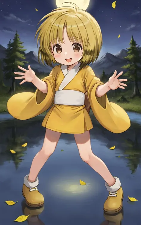 nyan2, 1girl, kid, solo, <lora:sdxl-myk-nyan2:0.8>, brown eyes, multicolored hair, yellow hair, short hair, long sidelocks +++ yellow kimono, white obi, yellow shoes, gourd on back +++ Delighted, reflection in mountain lake, forest, floating hair, florting leaves blooma, , river , +++ smile, large open mouth, fang, upper teeth, spread hands own cheeks ,reaching out, looking afar, upper body, contrapposto, dynamic pose, cinematic lighting, :p, smile, nighttime, night, Gaslight, moon light, sight light, perfect darkness, perfect shadow