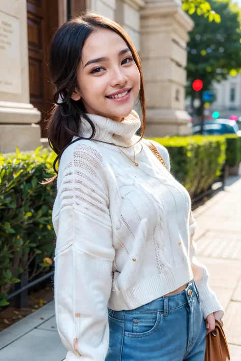 anyageraldine, a woman smiling, portrait, turtleneck sweater <lora:anyageraldine:0.9>