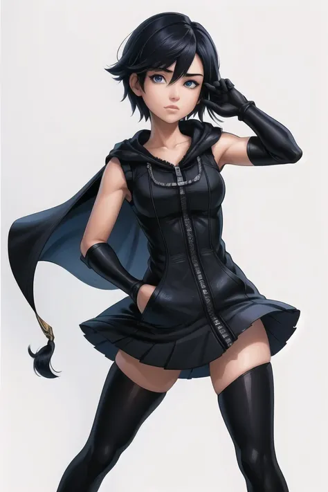 beautiful, (masterpiece:1.2), (best quality:1.2), perfect eyes, perfect face, perfect lighting, xion, black hair, blue eyes, hood, 1girl, bangs, casual clothes, pleated skirt, buttons, black gloves, sleeveless, covered mouth, full body, hair between eyes, hands in pockets, high collar, legs apart, long sleeves, looking at viewer, short hair, simple background, solo, standing, thighhighs, white background, zipper, <lora:(Character) Xion:0.75>