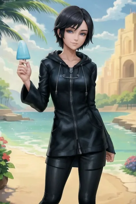 beautiful, (masterpiece:1.2), (best quality:1.2), perfect eyes, perfect face, perfect lighting, 1girl, solo, xion, blue eyes, black hair, short hair, black cloak, hood, zippers, black pants, standing, smiling, holding popcicle, Popsicle, one arm at side, <lora:(Character) Xion:0.75>