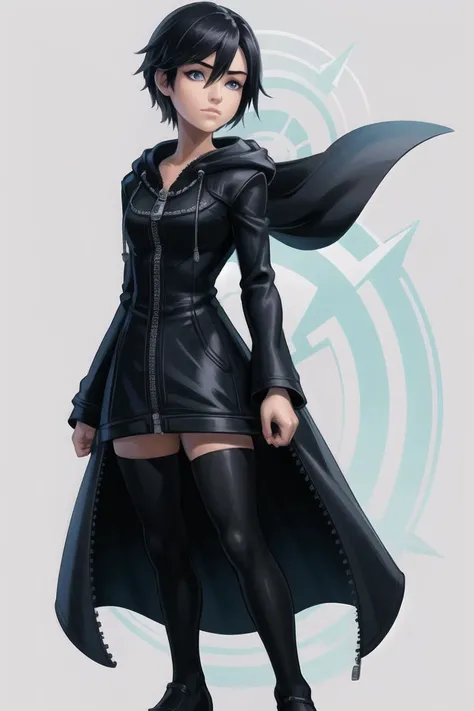 beautiful, (masterpiece:1.2), (best quality:1.2), perfect eyes, perfect face, perfect lighting, xion, black hair, blue eyes, black cloak, hood, 1girl, bangs, black coat, black footwear, boots, coat, covered mouth, full body, hair between eyes, hands in pockets, high collar, legs apart, long sleeves, looking at viewer, short hair, simple background, solo, standing, thighhighs, white background, zipper, <lora:(Character) Xion:0.75>