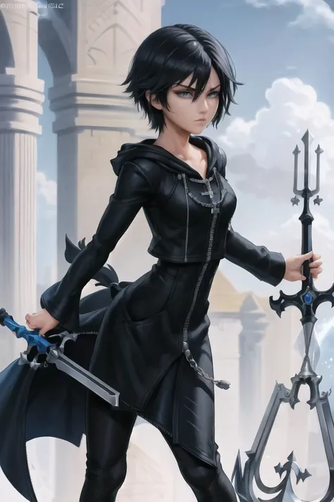 beautiful, (masterpiece:1.2), (best quality:1.2), perfect eyes, perfect face, perfect lighting, 1girl, solo, xion, blue eyes, black hair, short hair, black cloak, hood, zippers, black pants, standing, intense expression, focused expression, holding weapon, (keyblade), (hilt), holding sword handle, <lora:(Character) Xion:0.75>