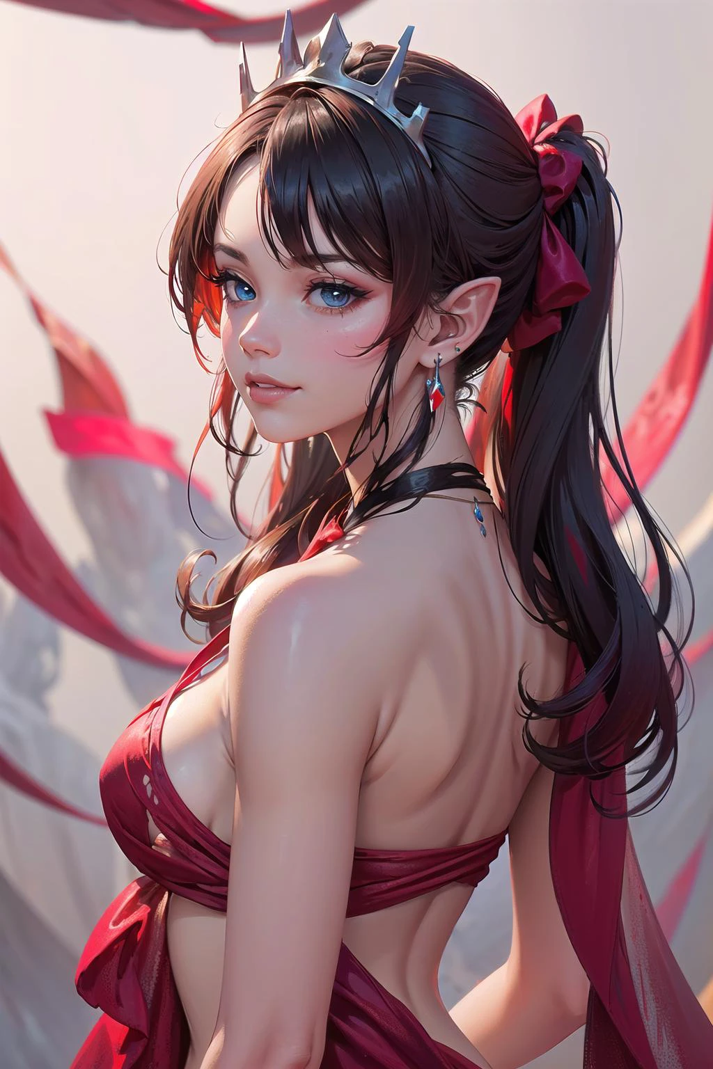 <lora:edgWrapped:1>, edgWrap, woman wrapped, red ribbon, bow knot, wearing edgWrap,
(highly detailed:1.3), simple background,
1girl, solo, (smirk:1.1), (pointy ears:1.2), (blue eyes:1.1), (tiara:1.2), (necklace:1.1), (earrings:1.2), (jewelry:1.2),
Ultra-detail, (highres:1.1), best quality, (masterpiece:1.3), cinematic lighting,
BREAK
(Create an explosive scene of colors erupting and bursting forth from the canvas, with dynamic brushstrokes, splatters, and spontaneous color leaks that convey a sense of unbridled chaos:1.4), (Steel Blue color:1.1), (Electric Yellow color:1.2), (Garnet Red color:1.1),