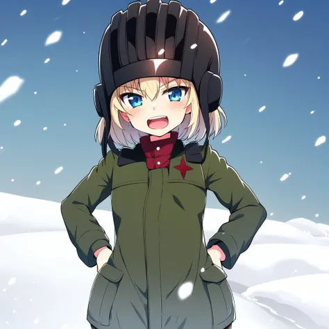 best quality, masterpiece, 1girl, katyusha, blonde hair, blue eyes, bob cut, flat chest, pravda school uniform, helmet, spread arms, snow <lora:katyusha-18:0.9>