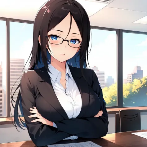 best quality, masterpiece, 1girl, nonna, black hair, long hair, blue eyes, large breast, crossed arms, business suit, glasses, office <lora:nonna-18:0.9>