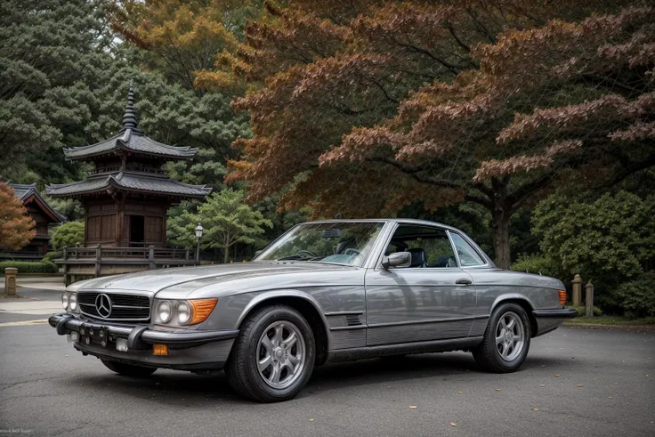 dark 560SL, parked in front of a japanese pagoda, fall weather, ultra wide angle, masterpiece, award winning, sunset, beautifully detailed fall foliage, cinematic lighting, style-autumn:1.0, sharp focus, smooth, intricate details, 8k wallpaper, trending on artstation <lora:560SL:.6>
