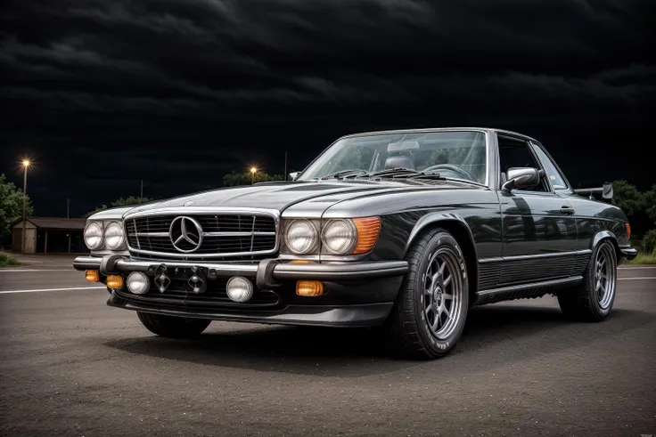 black 560SL masterpiece,best quality,official art,extremely detailed CG unity 8k wallpaper,illustration, ((TUNED RALLY car)), bright, sports car, vehicle focus, road, ((need for speed)),((NFS)), moving, wet, (((NIGHT))),neon lights,drift, <lora:560SL:.6>