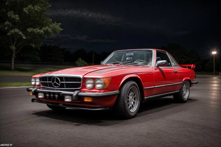 ((red)) 560SL masterpiece,best quality,official art,extremely detailed CG unity 8k wallpaper,illustration, ((TUNED RALLY car)), bright, sports car, vehicle focus, road, ((need for speed)),((NFS)), moving, wet, (((NIGHT))),neon lights,drift, <lora:560SL:.6>
