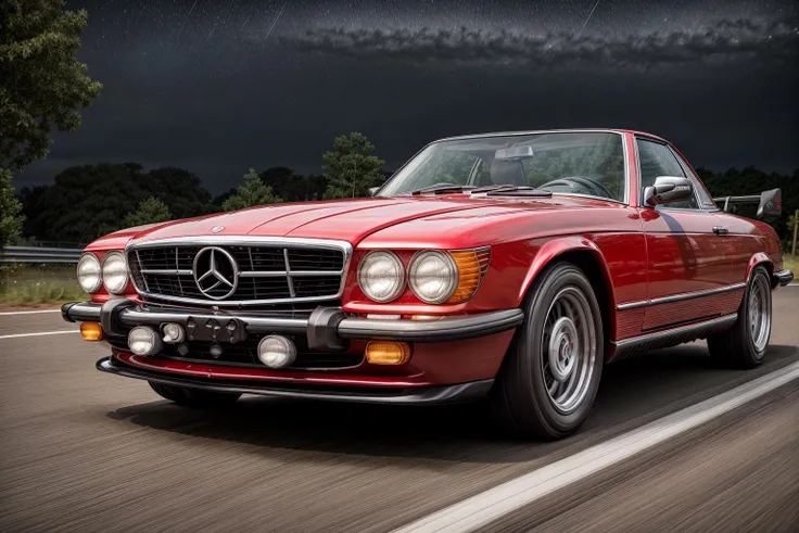 ((red)) 560SL masterpiece,best quality,official art,extremely detailed CG unity 8k wallpaper,illustration, ((TUNED RALLY car)), bright, sports car, vehicle focus, road, ((need for speed)),((NFS)), moving, wet, (((NIGHT))),neon lights,drift, <lora:560SL:.6>