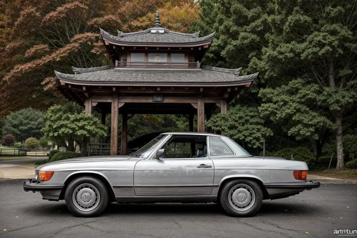 dark 560SL, parked in front of a japanese pagoda, fall weather, ultra wide angle, masterpiece, award winning, sunset, beautifully detailed fall foliage, cinematic lighting, style-autumn:1.0, sharp focus, smooth, intricate details, 8k wallpaper, trending on artstation <lora:560SL:.6>