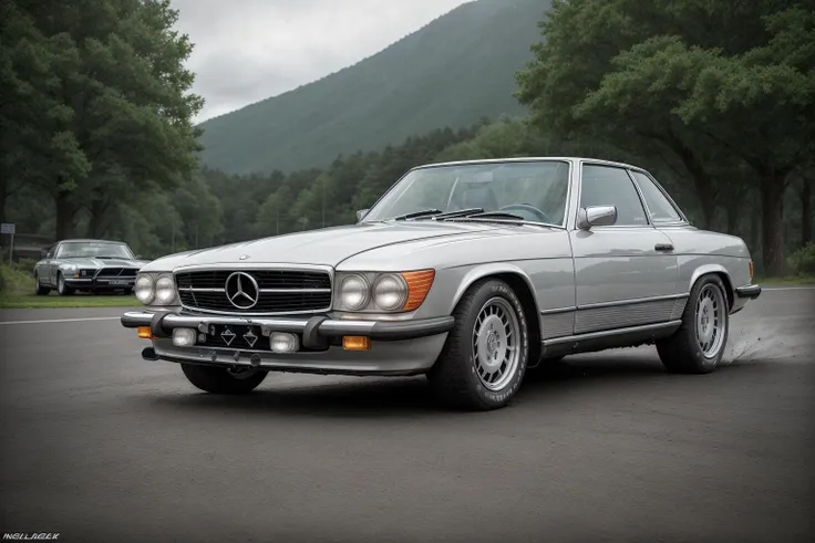 560SL masterpiece,best quality,official art,extremely detailed CG unity 8k wallpaper,illustration, ((TUNED RALLY car)), bright, sports car, vehicle focus, road, ((need for speed)),((NFS)), moving, wet, (((NIGHT))),neon lights,drift,   <lora:560SL:.6>