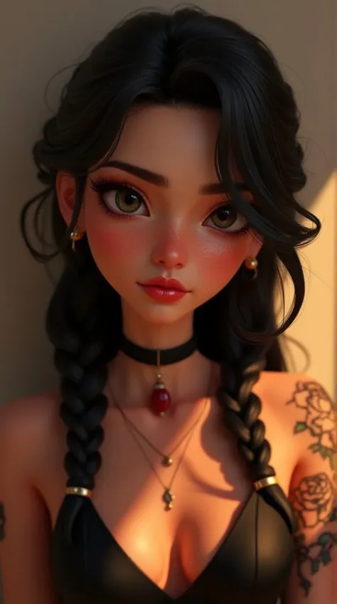 SFW,highest quality,woman,27 year old,backlighting,black choker,blurry background,blush,closed mouth,collarbone,earrings,forehead,freckles,hair over shoulder,jewelry,long hair,looking down,pointy nose,lips glossy,shadow,solo,thick eyebrows,thick eyelashes,upper body, expressive eyes, medium eyes, detailed eyes,black hair,braids,tattoos,tattoos on arms,black rose tattoos on neck,sun beams,warm light,cozy,((masterpiece)), realistic, disney pixar style, 3d, 3d rendering