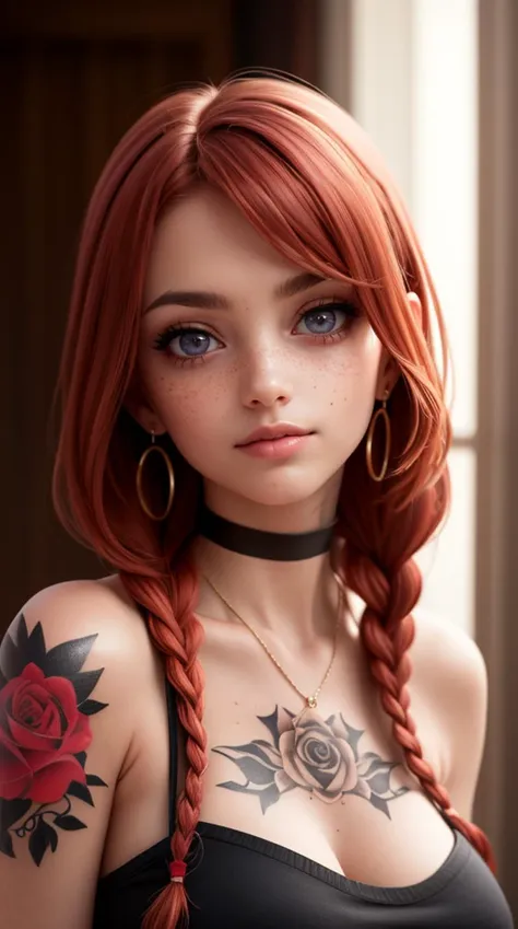 SFW,highest quality,woman,27 year old,backlighting,black choker,blurry background,blush,closed mouth,collarbone,earrings,forehead,freckles,hair over shoulder,jewelry,long hair,looking down,pointy nose,lips glossy,shadow,solo,thick eyebrows,thick eyelashes,upper body, expressive eyes, medium eyes, detailed eyes,red hair,braids,tattoos,tattoos on arms,black rose tattoos on neck,sun beams,warm light,cozy,((masterpiece)),