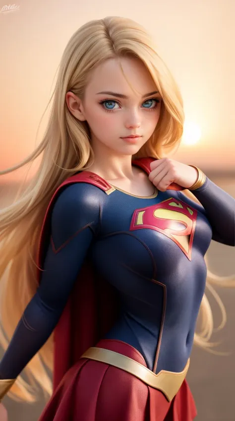 raw photo, (Supergirl), fashion photography of cute blonde long hair girl (Supergirl), dressing high detailed Supergirl suit, (high resolution textures), in dynamic pose, (random background), depth of field, detailed, sunset light passing through hair, perfect sunset, medium eyes, detailed eyes, expressive eyes