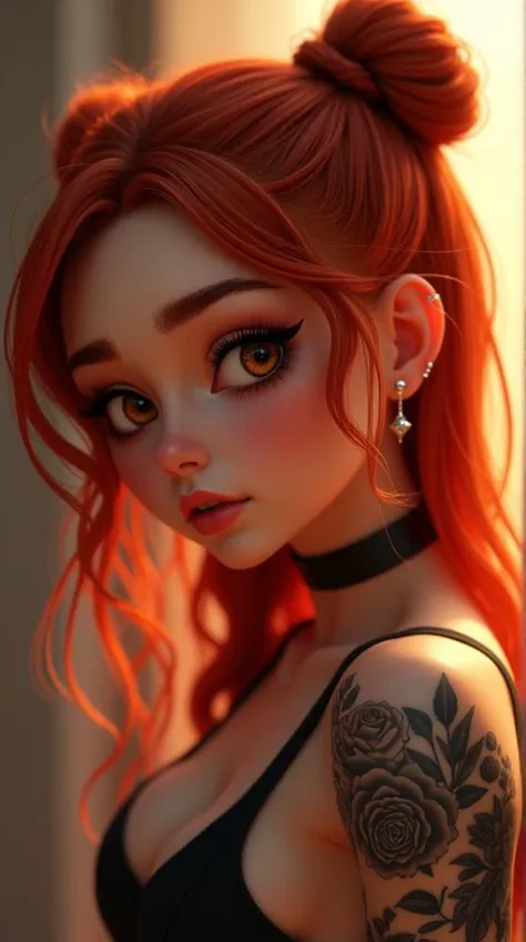 SFW,highest quality,woman,27 year old,backlighting,black choker,blurry background,blush,closed mouth,collarbone,earrings,forehead,freckles,hair over shoulder,jewelry,long hair,looking down,pointy nose,lips glossy,shadow,solo,thick eyebrows,thick eyelashes,upper body, expressive eyes, medium eyes, detailed eyes,red haired,braids,tattoos,tattoos on arms,black rose tattoos on neck,sun beams,warm light,cozy,((masterpiece)), realistic, disney pixar style, 3d, 3d rendering