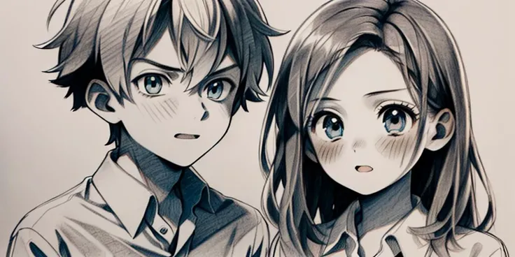 portrait, 1girl, 1boy, long hair, blue eyes, short hair, shirt, collared shirt, sketch, graphite \(medium\),