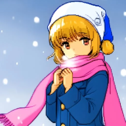 1girl with scarf, winter coat, snowing, <lora:90s_game_pixel _style:1.2>