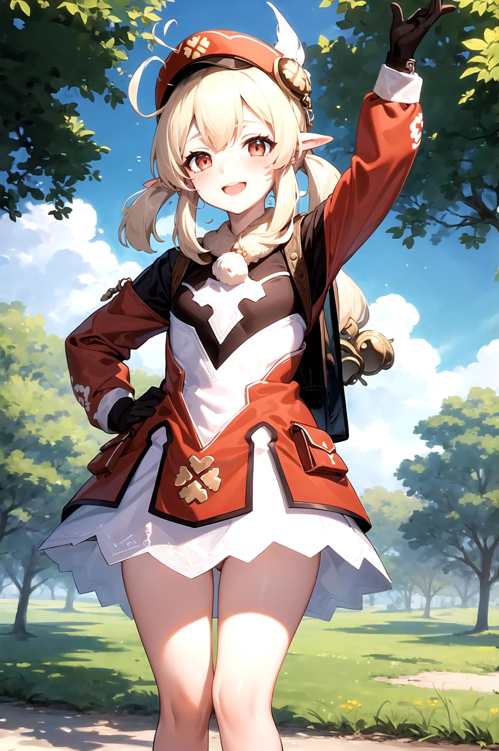 kleedef:1.2, field, smile, blush, outdoors, day, blue sky, sky, looking at viewer, cowboy shot, standing, tree, ((aged up:1.5)), 1girl, ((tall female:1.4)) <lora:klee1:1>