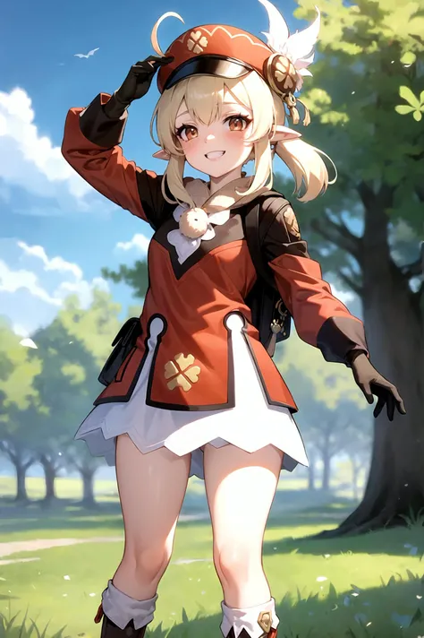 kleedef:1.2, field, smile, blush, outdoors, day, blue sky, sky, looking at viewer, cowboy shot, standing, tree, ((aged up:1.5)), 1girl, ((tall female:1.4)) <lora:klee1:1>