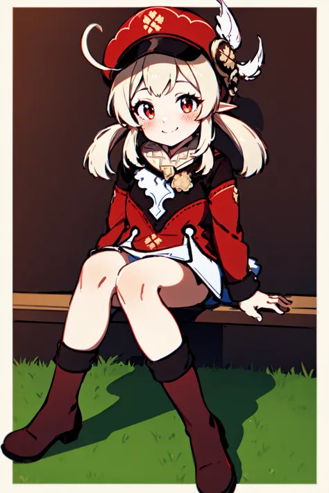 <lora:klee1-000009:1>, kleedef, full body, sitting, smile, blush, outdoors, day, simple background,