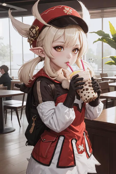 Highly detailed, High Quality, Masterpiece, beautiful, 1girl, kleedef, <lora:klee1:1>, bubble tea, drinking, holding, food, simple background, cup, blurry background, indoors