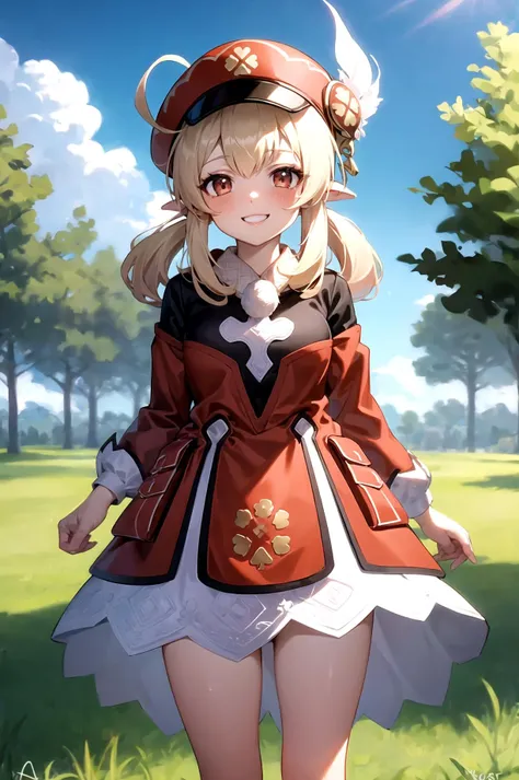 kleedef:1.2, field, smile, blush, outdoors, day, blue sky, sky, looking at viewer, cowboy shot, standing, tree, ((aged up:1.5)), 1girl, ((tall female:1.4)) <lora:klee1:1>