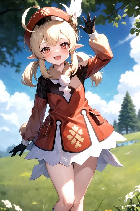 bottomless, upskirt, li, outside, open mouth, smiling, daylight, short, small, pointy ears, blonde hair