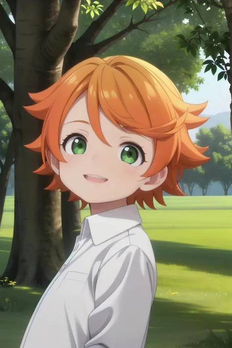 <lora:the-promised-neverland-emma-sd15-V10:0.6>
a **************** neverland_emma standing on a beautiful green field with trees in the background, she has green eyes, short hair and wears a long sleeved white collared shirt, she has orange hair she has a bright smile, the sun is setting, The soft lighting and detailed surroundings create an immersive environment where imagination runs wild hyper-detailed, hyper-detailed face, high quality visuals, dim Lighting, sharply focused, octane render, 8k UHD