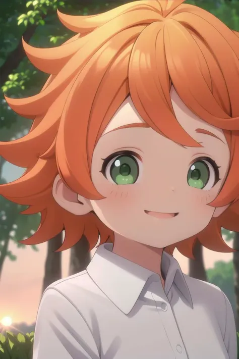 <lora:the-promised-neverland-emma-sd15-V10:0.6>
a 11-year-old girl neverland_emma standing on a beautiful green field with trees in the background, she has green eyes, short hair and wears a long sleeved white collared shirt, she has orange hair she has a bright smile, the sun is setting, The soft lighting and detailed surroundings create an immersive environment where imagination runs wild hyper-detailed, hyper-detailed face, high quality visuals, dim Lighting, sharply focused, octane render, 8k UHD