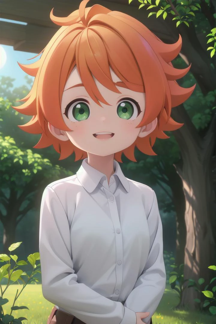 <lora:the-promised-neverland-emma-sd15-V10:0.6>
a 11-year-old girl neverland_emma standing on a beautiful green field with trees in the background, she has green eyes, short hair and wears a long sleeved white collared shirt, she has orange hair she has a bright smile, the sun is setting, The soft lighting and detailed surroundings create an immersive environment where imagination runs wild hyper-detailed, hyper-detailed face, high quality visuals, dim Lighting, sharply focused, octane render, 8k UHD