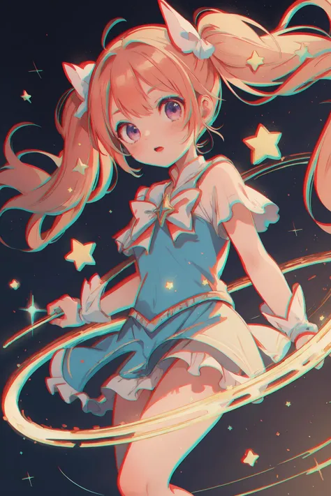 (best quality, masterpiece, highres),1girl,solo,twintails,dynamic_angle,<lora:anaglyph RG_v1s:1>,magical girl,magic circle,magic,star \(symbol\),glint,film grain,light particles,