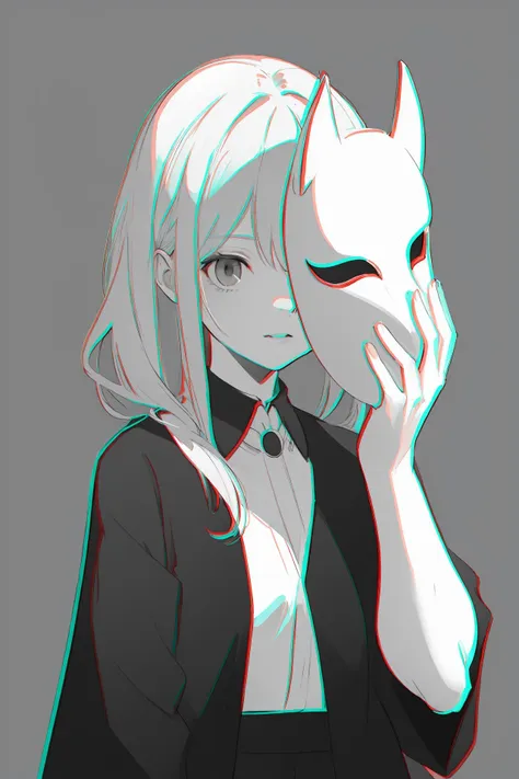 (best quality, masterpiece, highres),1girl,solo,upper body,greyscale,<lora:anaglyph RG_v1s:1>,<lora:holding mask_v2:1>, mask on hand,covering face,